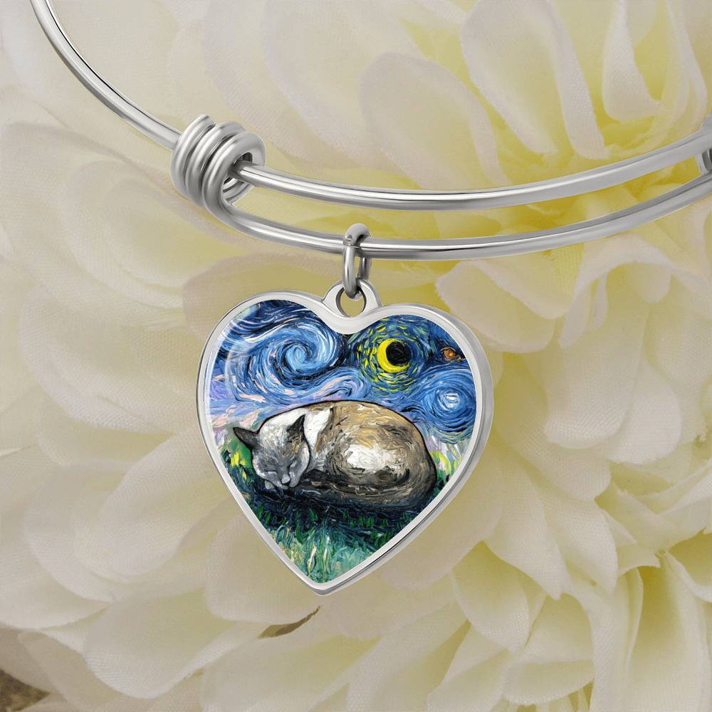 Sleeping Siamese Cat Starry Night Heart Bangle Bracelet