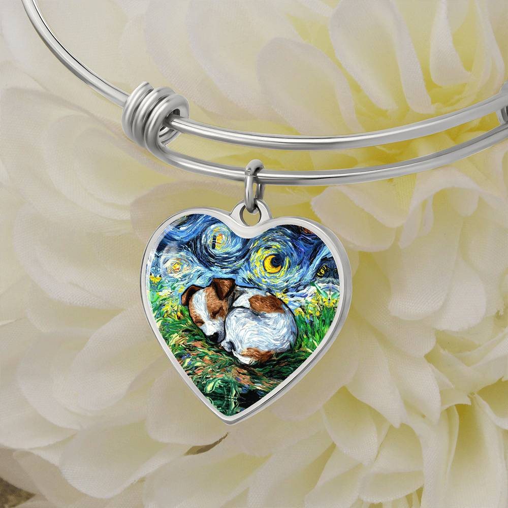 Sleeping Jack Russell Terrier Starry Night Heart Bangle Bracelet
