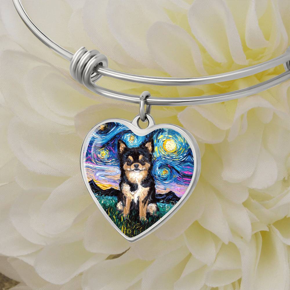 Black & Tan Long Hair Chihuahua Starry Night Heart Bangle