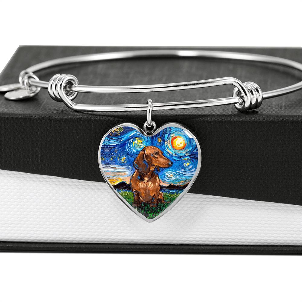Brown Dachshund Starry Night Heart Bangle Bracelet