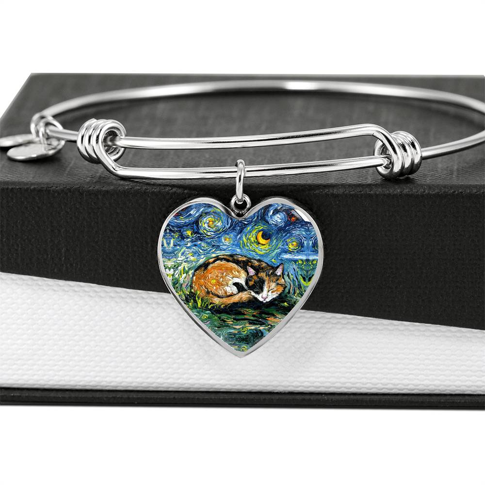 Sleeping Calico Cat Starry Night Heart Bangle Bracelet