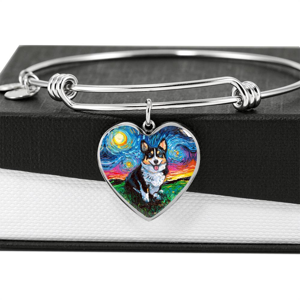 Tri Color Corgi Starry Night Heart Bangle Bracelet