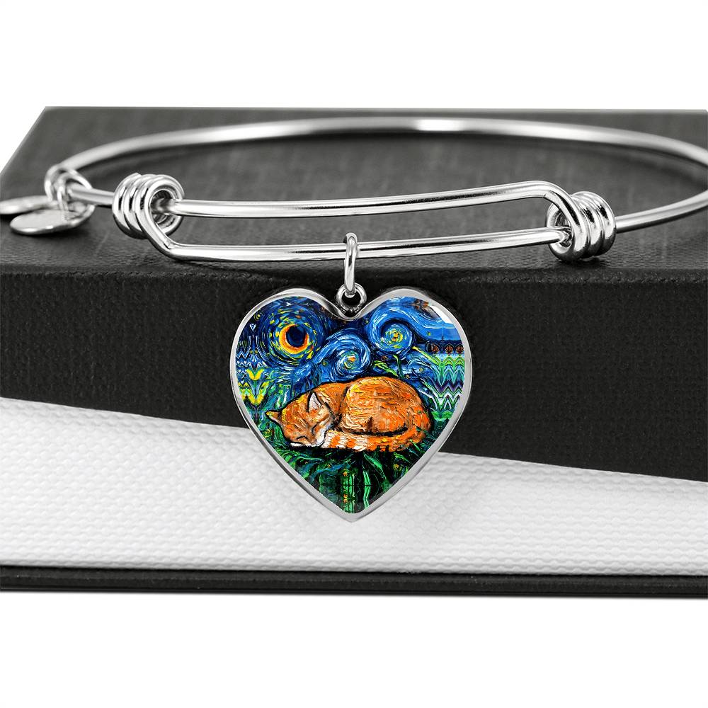 Sleeping Orange Tabby Cat Starry Night Heart Bangle Bracelet