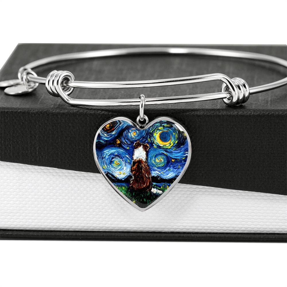 Red Border Collie Starry Night Heart Bangle Bracelet