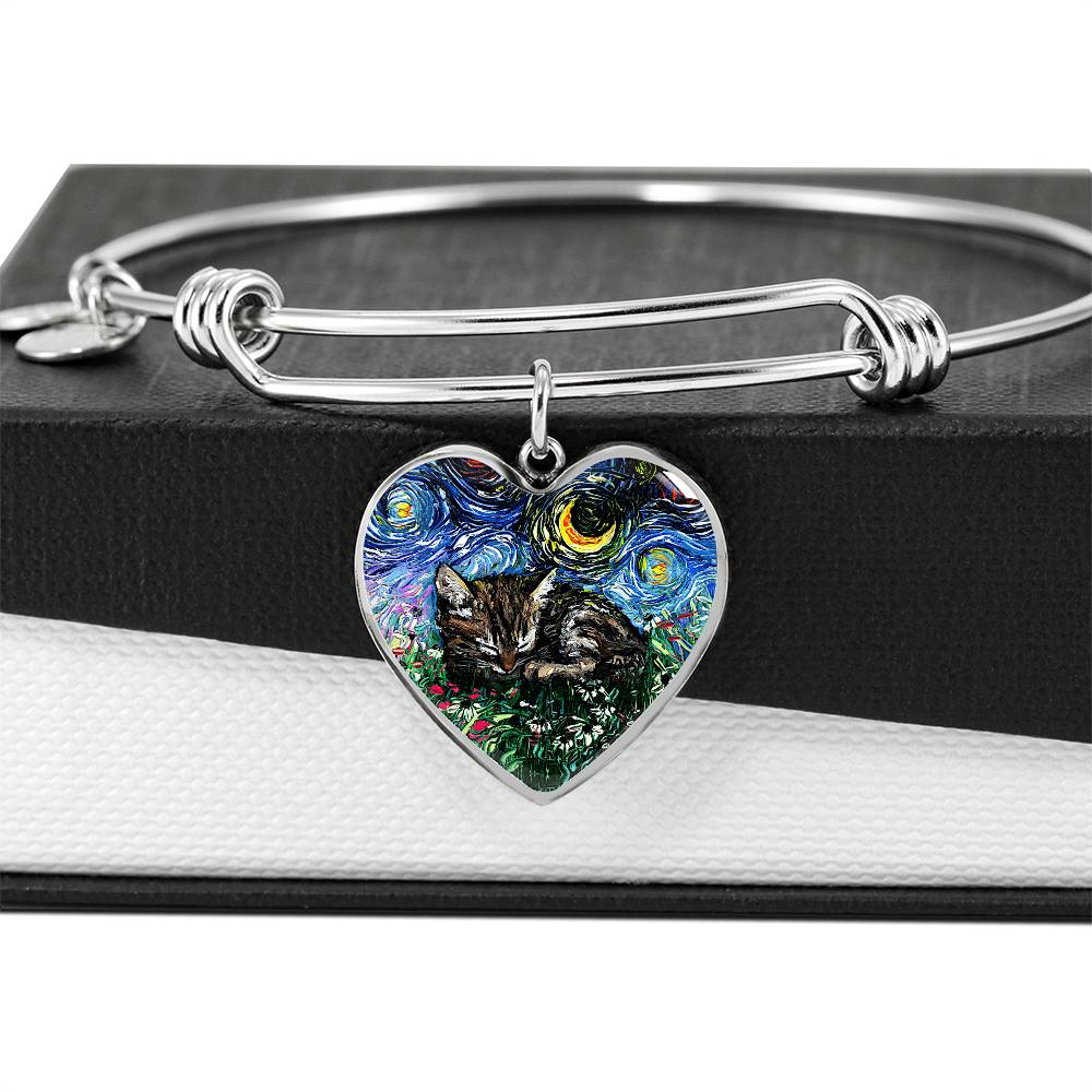 Sleeping Tabby Kitten Starry Night Heart Bangle