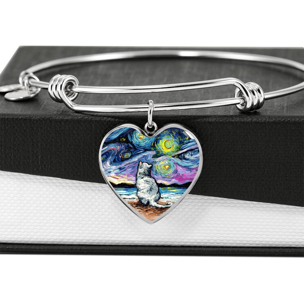 White Cat Starry Night Heart Bangle Bracelet