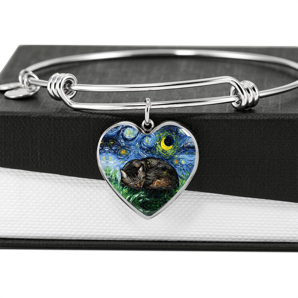Sleeping Brown Tabby Cat Starry Night Heart Bangle Bracelet