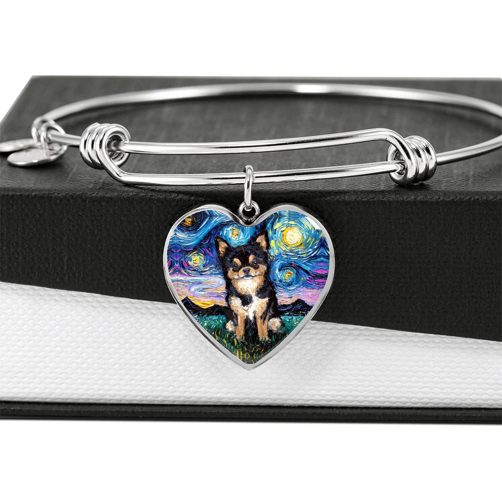 Black & Tan Long Hair Chihuahua Starry Night Heart Bangle