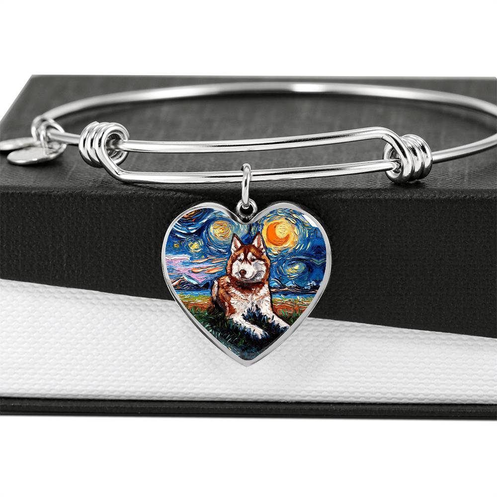 Red and White Husky Starry Night Heart Bangle Bracelet