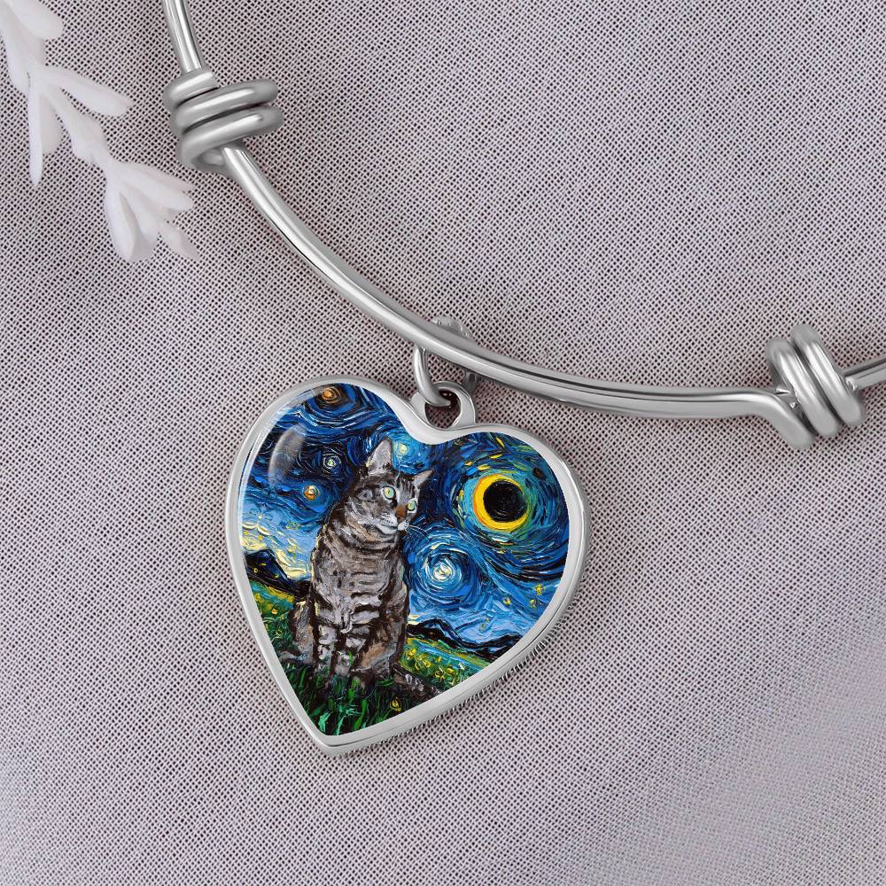 Tabby Cat Starry Night Heart Bangle Bracelet