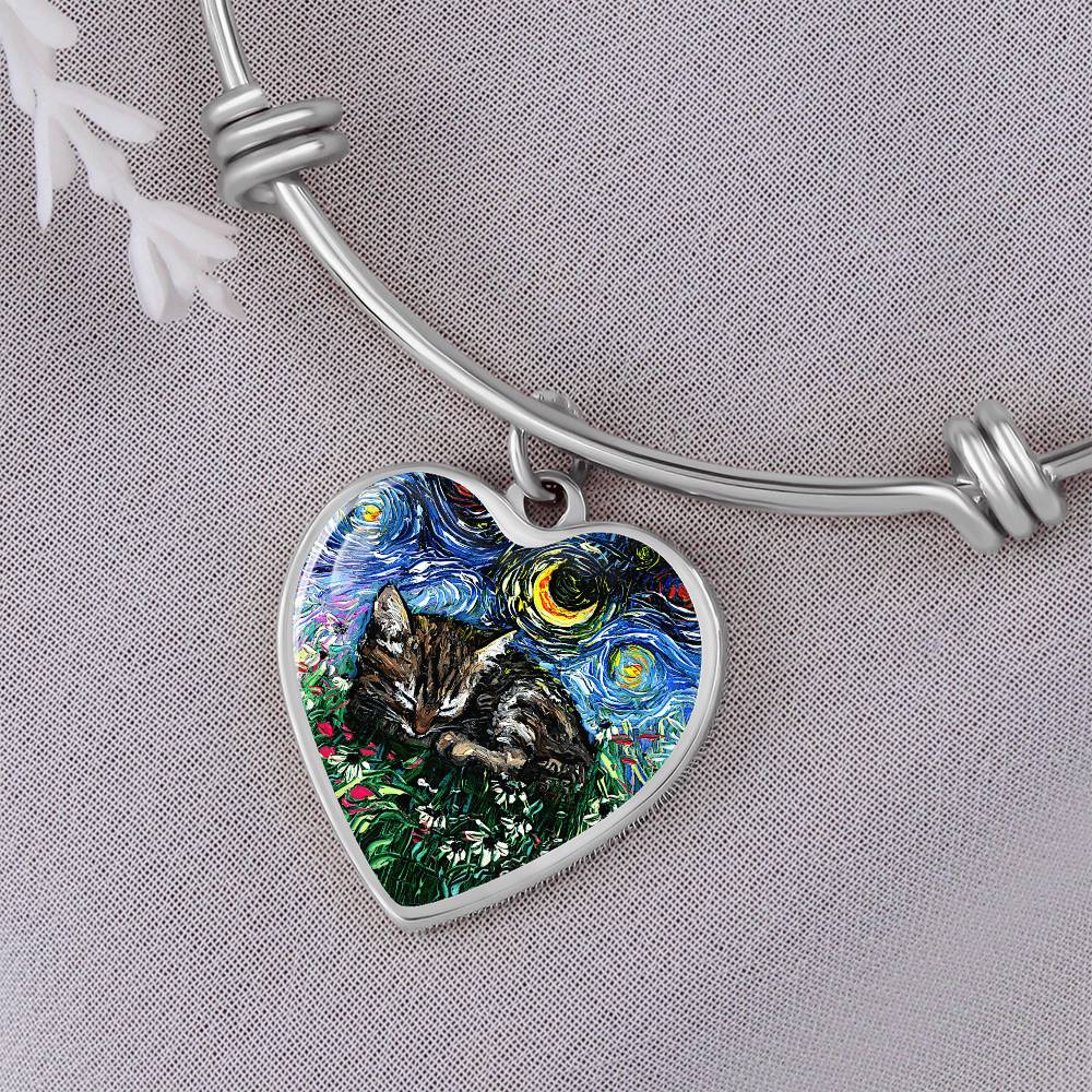 Sleeping Tabby Kitten Starry Night Heart Bangle