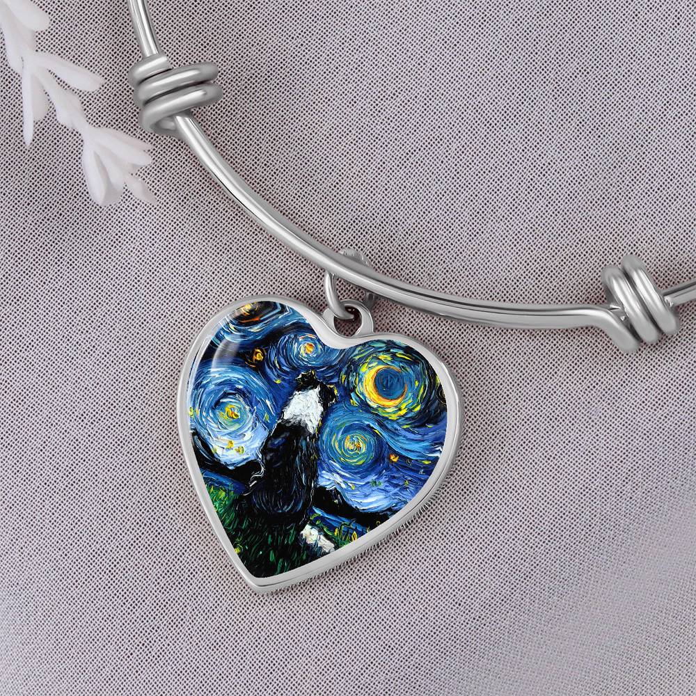 Border Collie Back Starry Night Heart Bangle Bracelet