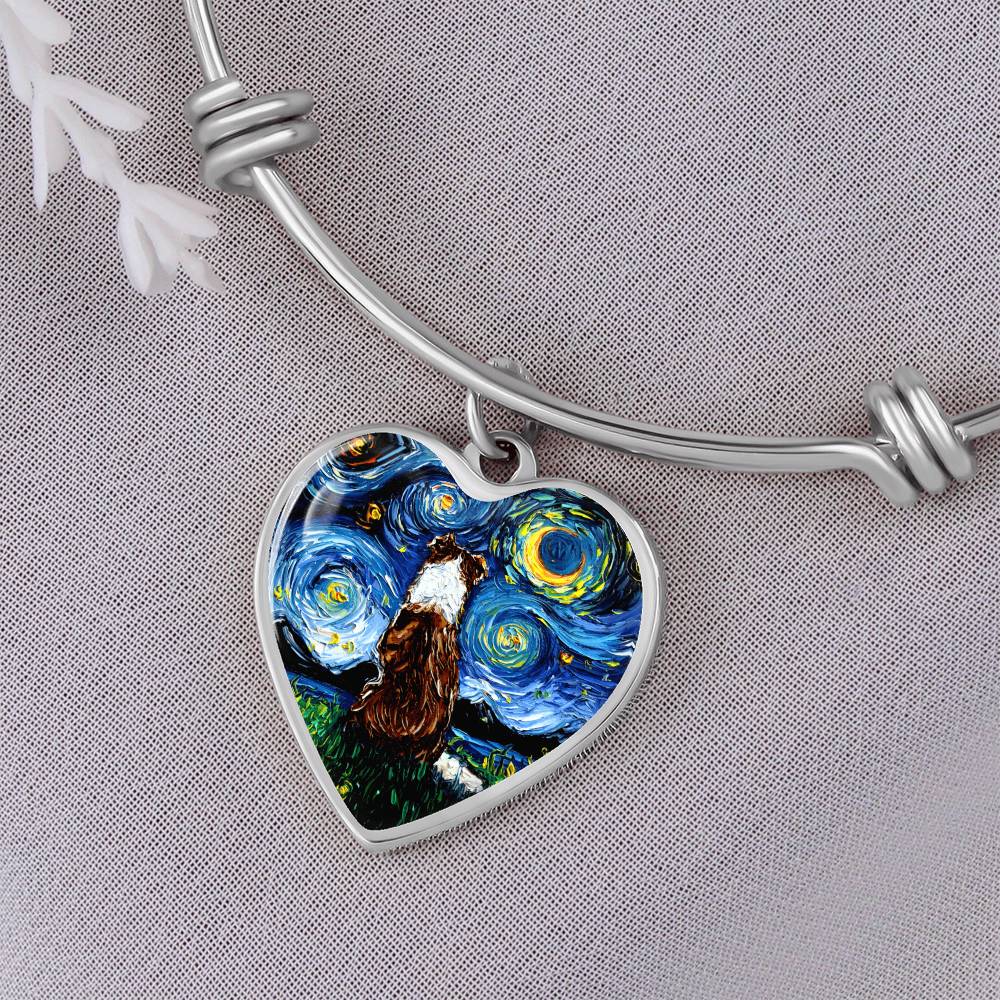 Red Border Collie Starry Night Heart Bangle Bracelet