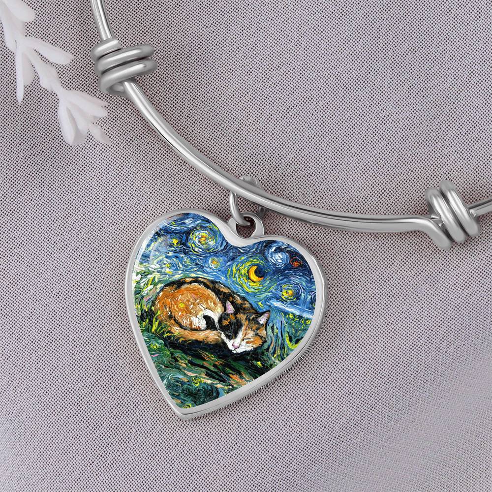 Sleeping Calico Cat Starry Night Heart Bangle Bracelet