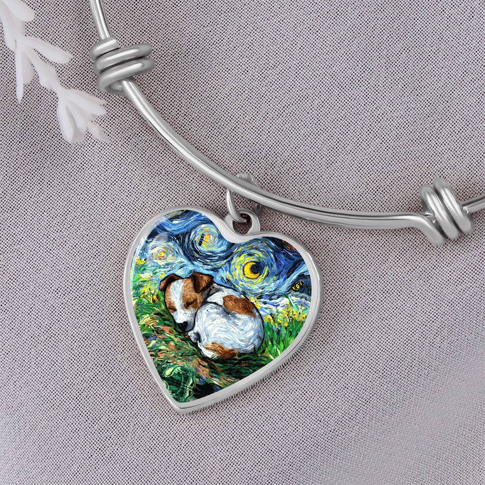 Sleeping Jack Russell Terrier Starry Night Heart Bangle Bracelet