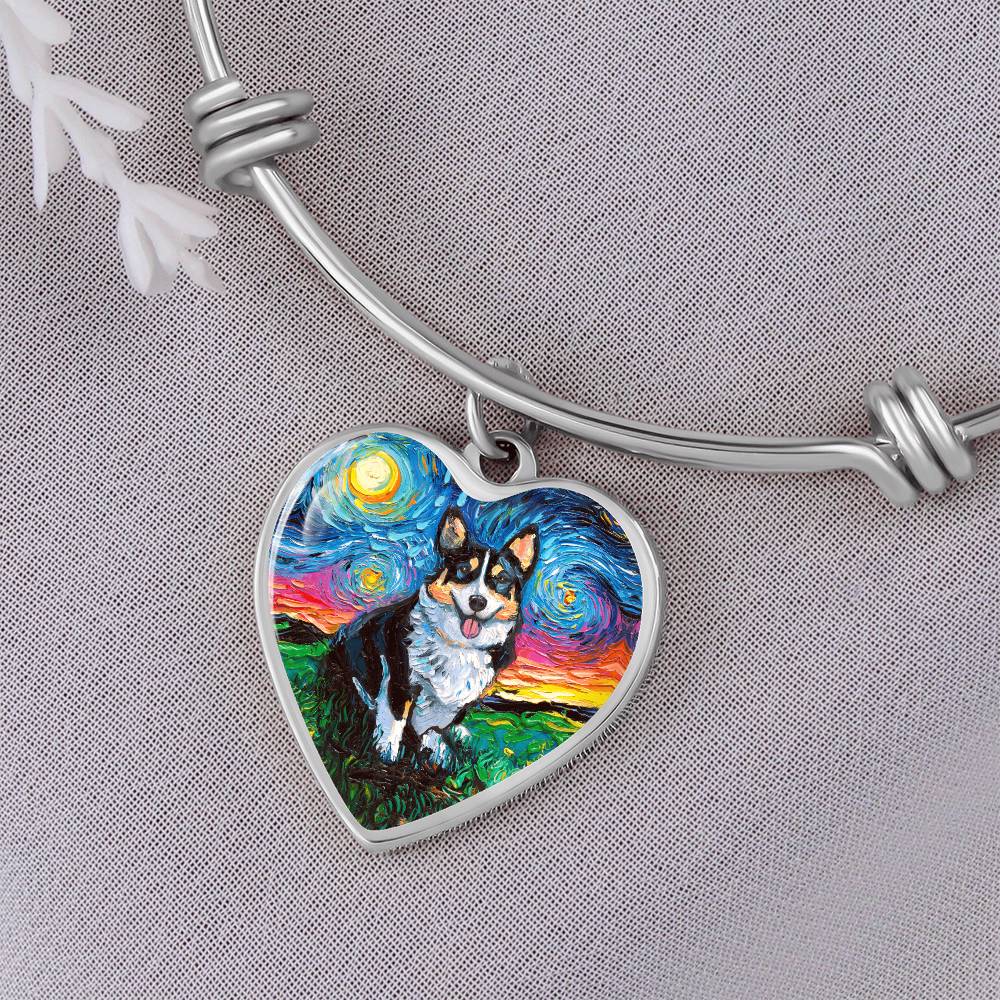 Tri Color Corgi Starry Night Heart Bangle Bracelet