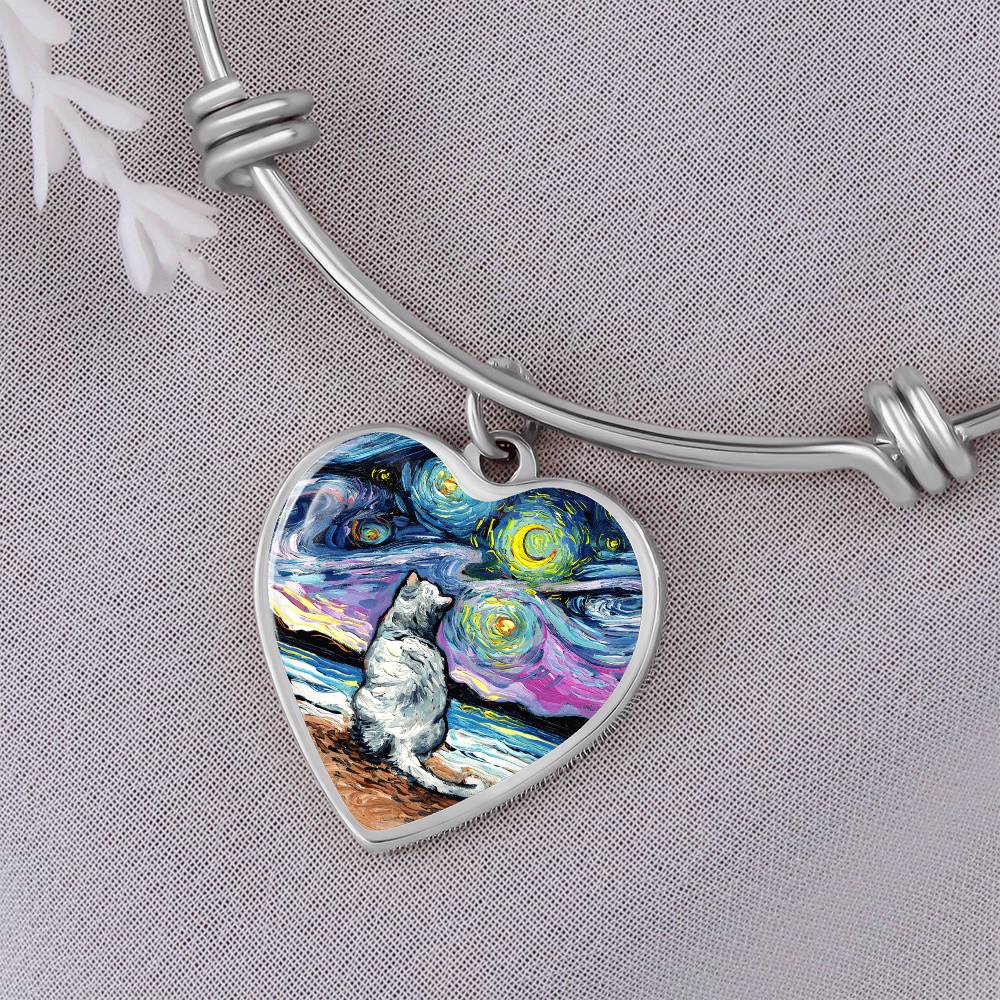 White Cat Starry Night Heart Bangle