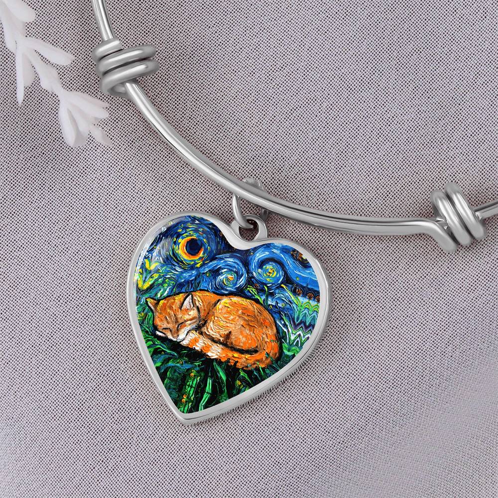 Sleeping Orange Tabby Cat Starry Night Heart Bangle Bracelet