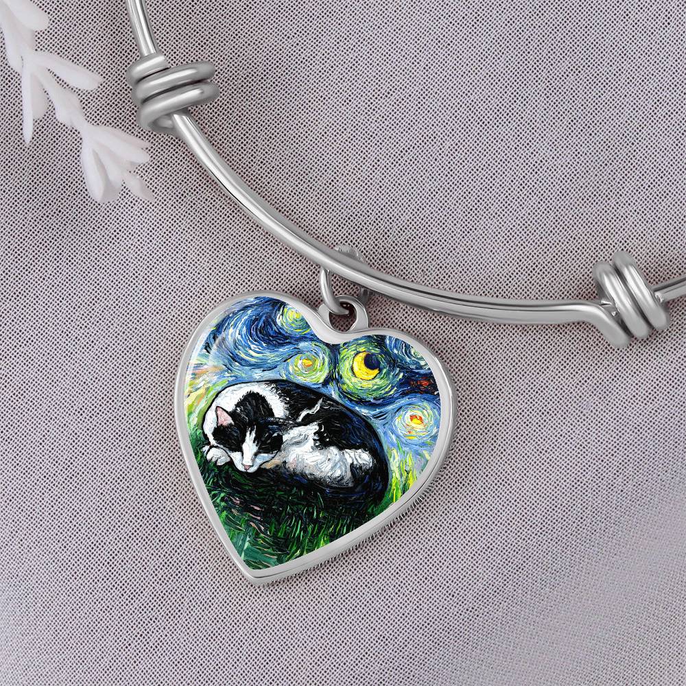 Sleeping Tuxedo Cat Starry Night Heart Bangle