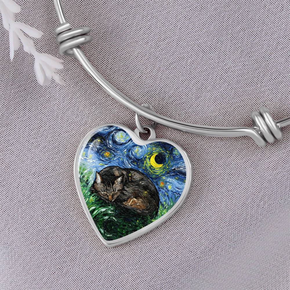 Sleeping Brown Tabby Cat Starry Night Heart Bangle Bracelet