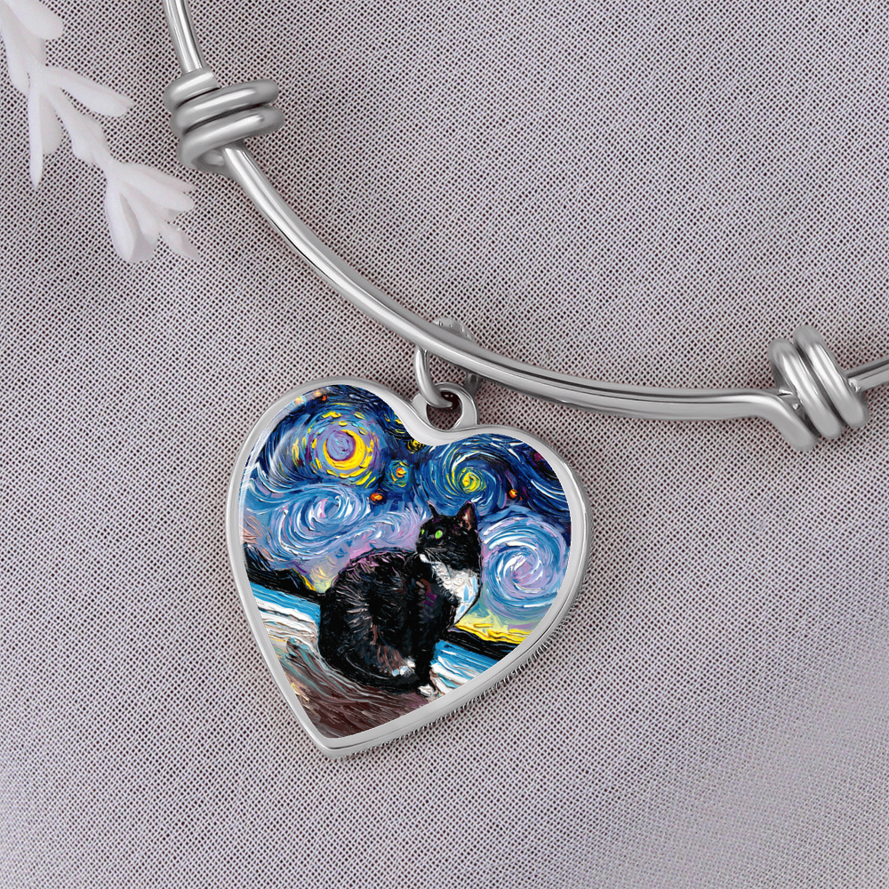 Tuxedo Cat with Green Eyes Starry Night Heart Bangle