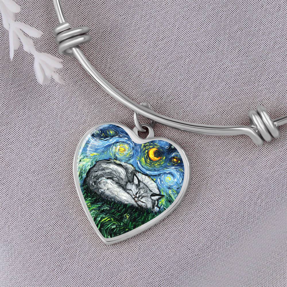 Sleeping Persian Cat Starry Night Heart Bangle Bracelet