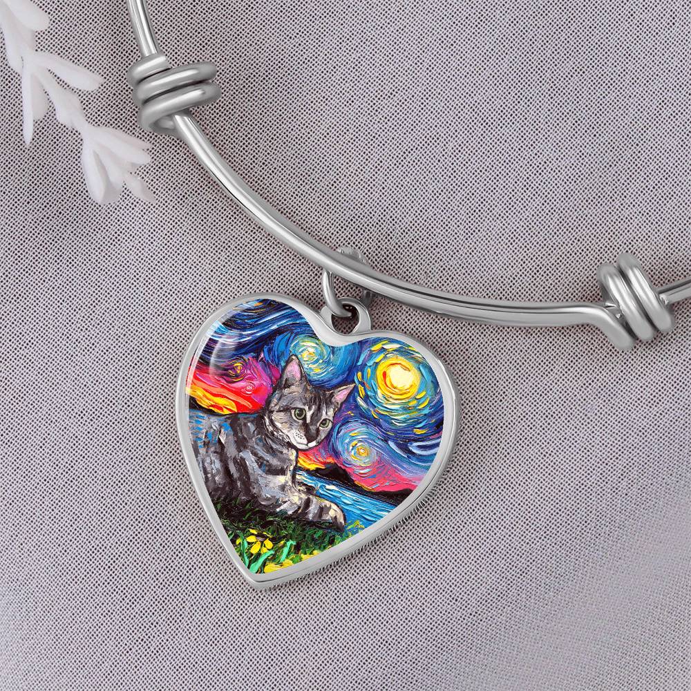 Laying Tabby Starry Night Heart Bangle