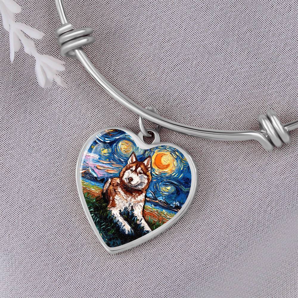 Red and White Husky Starry Night Heart Bangle Bracelet