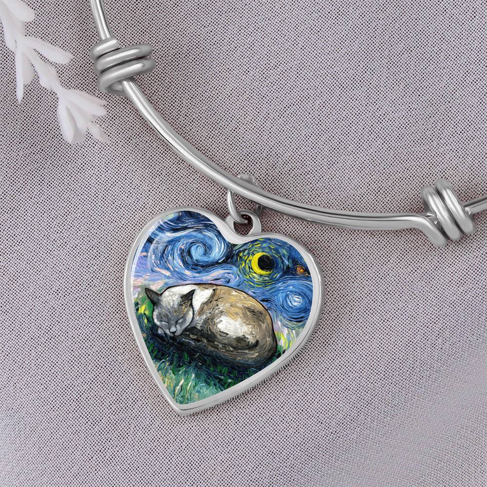 Sleeping Siamese Cat Starry Night Heart Bangle Bracelet