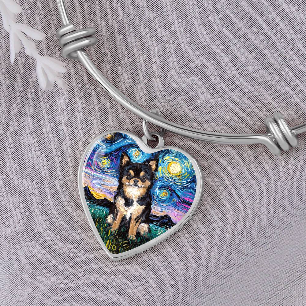 Black & Tan Long Hair Chihuahua Starry Night Heart Bangle