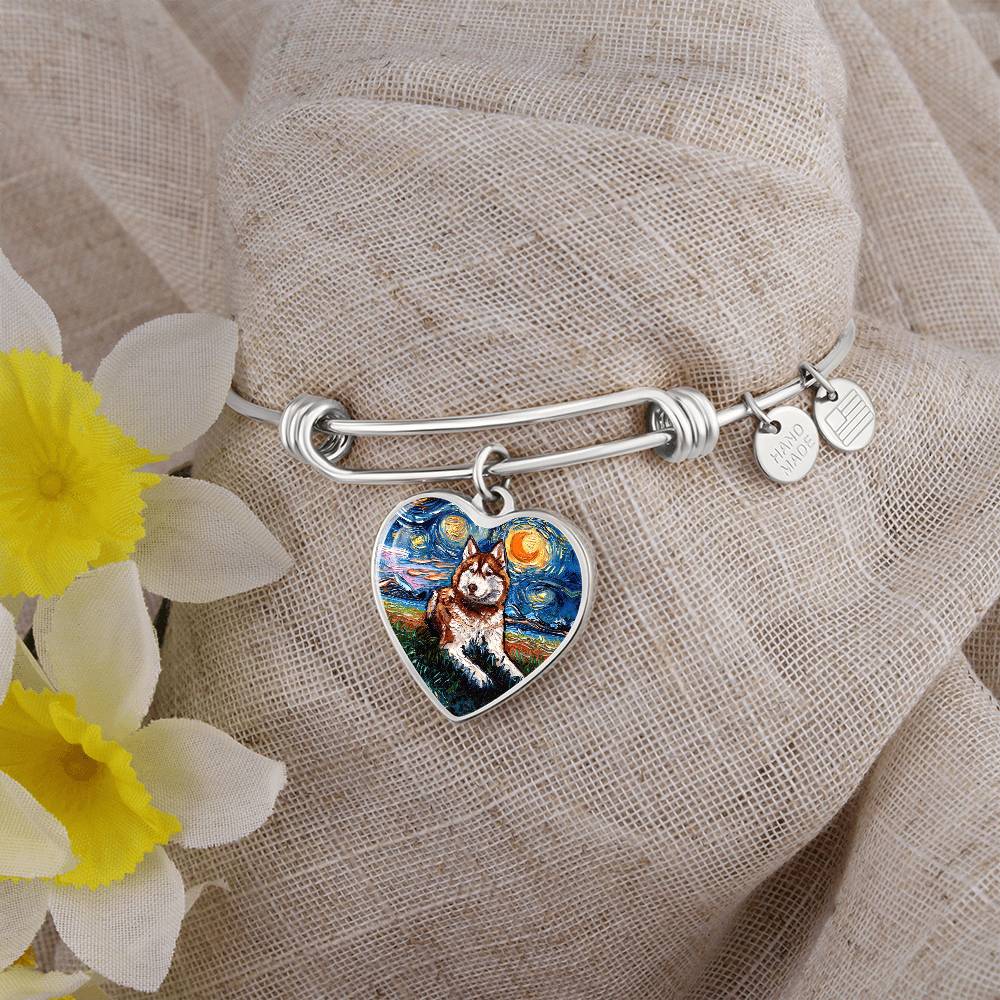 Red and White Husky Starry Night Heart Bangle Bracelet