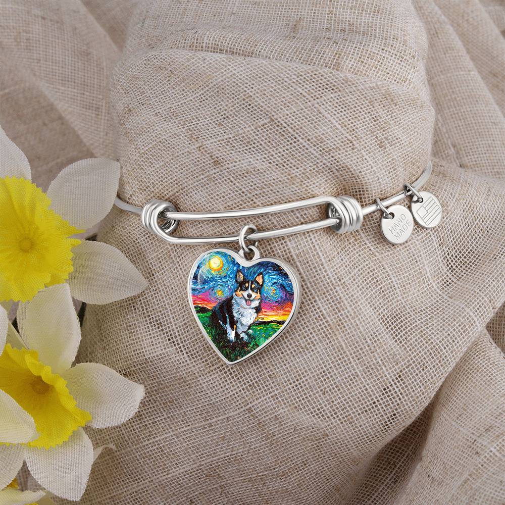 Tri Color Corgi Starry Night Heart Bangle Bracelet