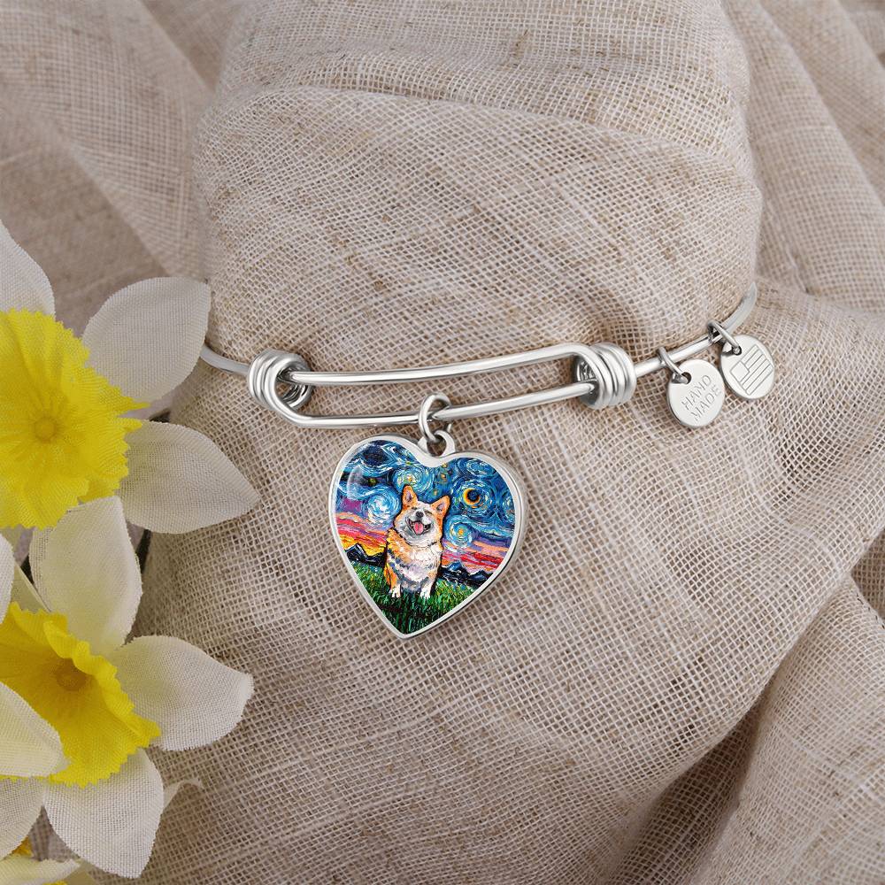 Smiling Corgi Starry Night Heart Bangle Bracelet