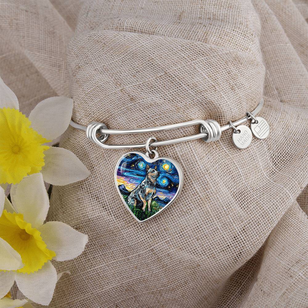 Blue Heeler Portrait Starry Night Heart Bangle Bracelet