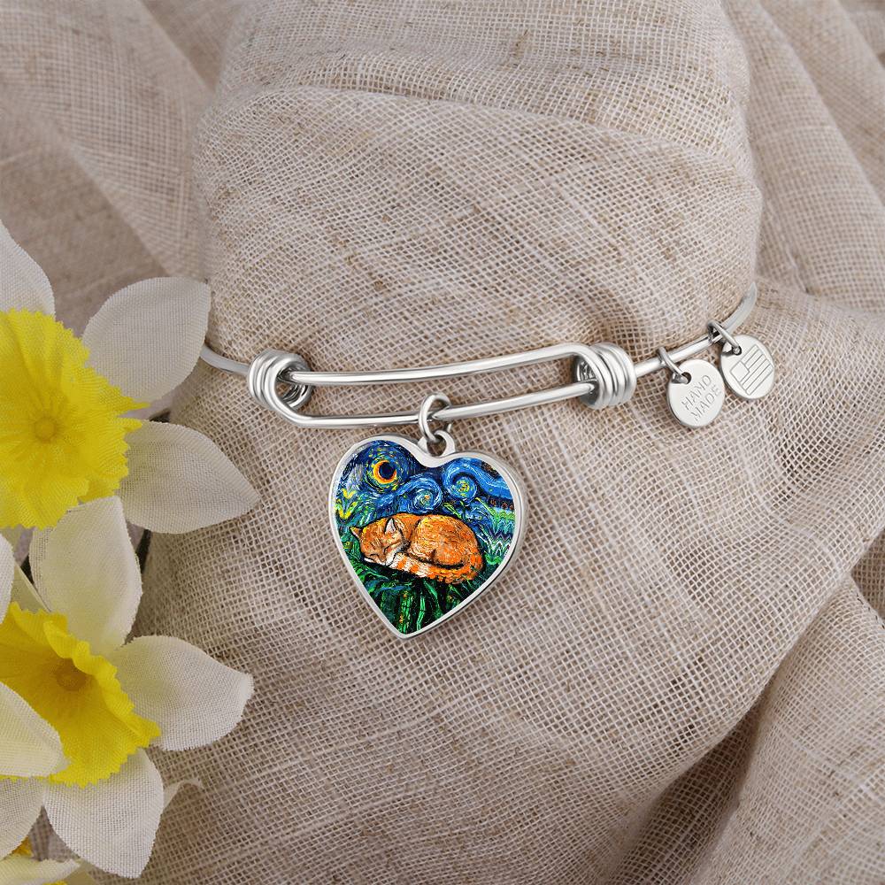 Sleeping Orange Tabby Cat Starry Night Heart Bangle Bracelet