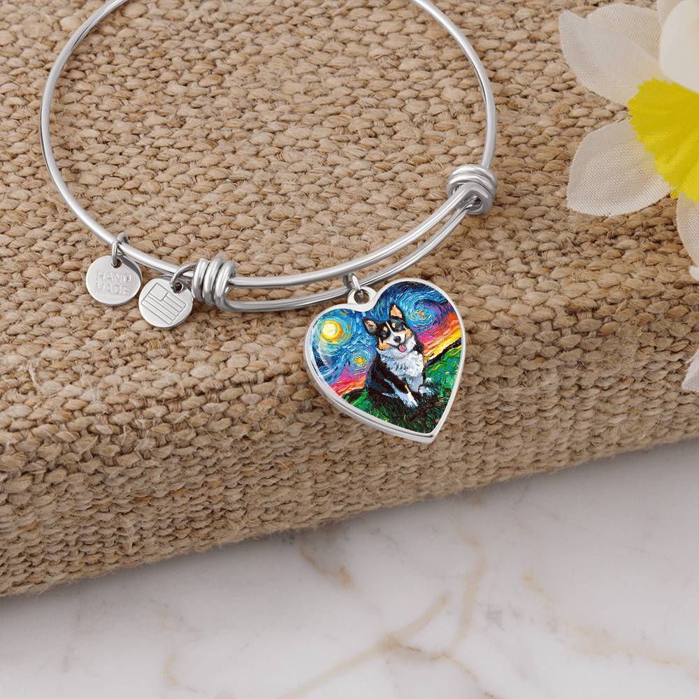 Tri Color Corgi Starry Night Heart Bangle Bracelet