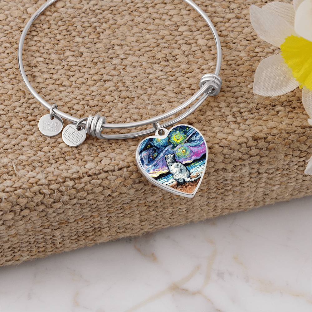 White Cat Starry Night Heart Bangle Bracelet