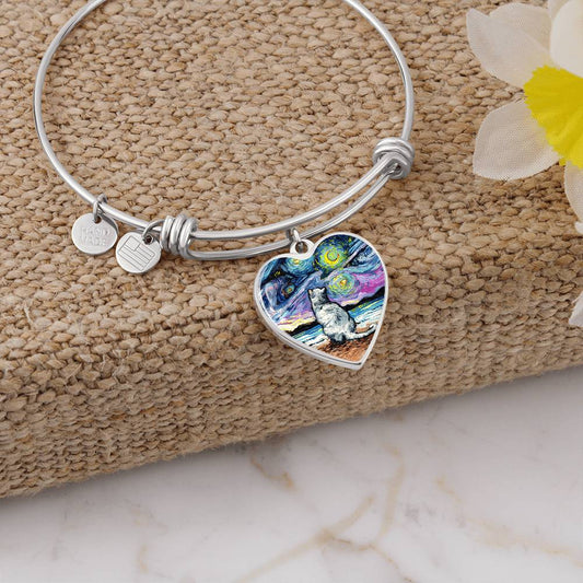 White Cat Starry Night Heart Bangle