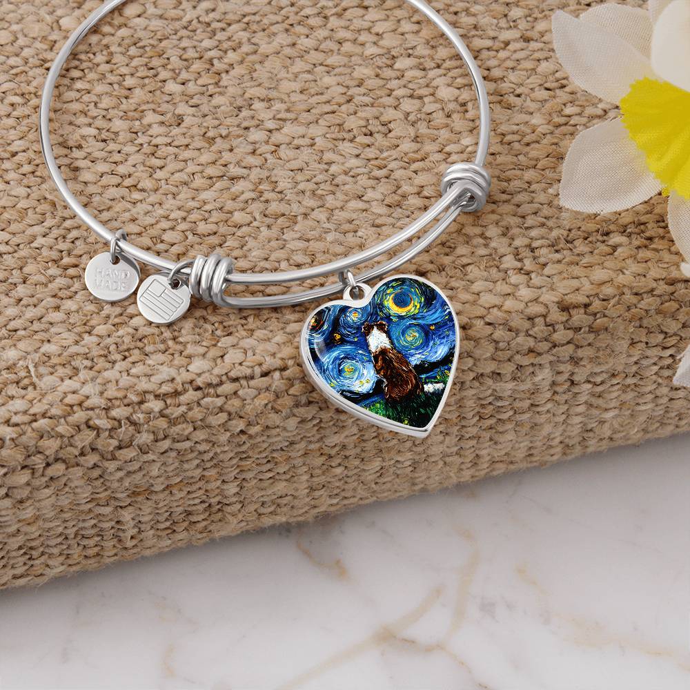 Red Border Collie Starry Night Heart Bangle Bracelet
