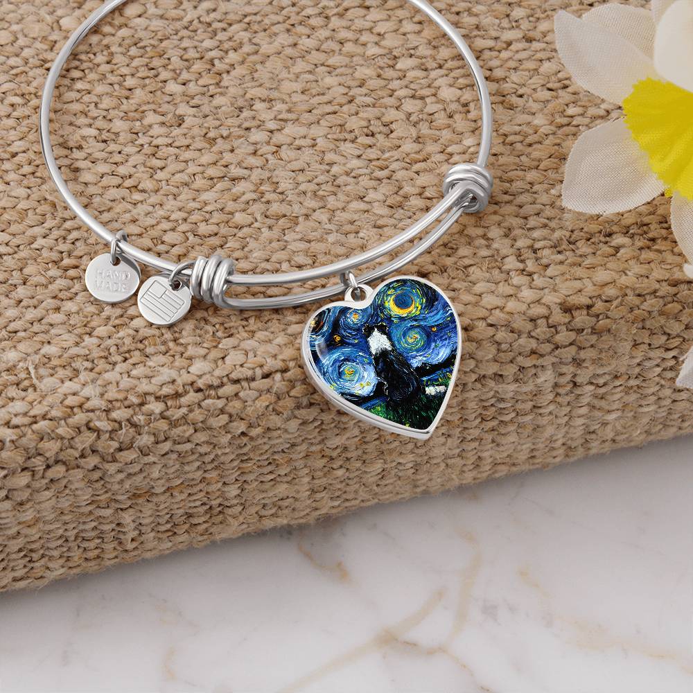 Border Collie Back Starry Night Heart Bangle Bracelet