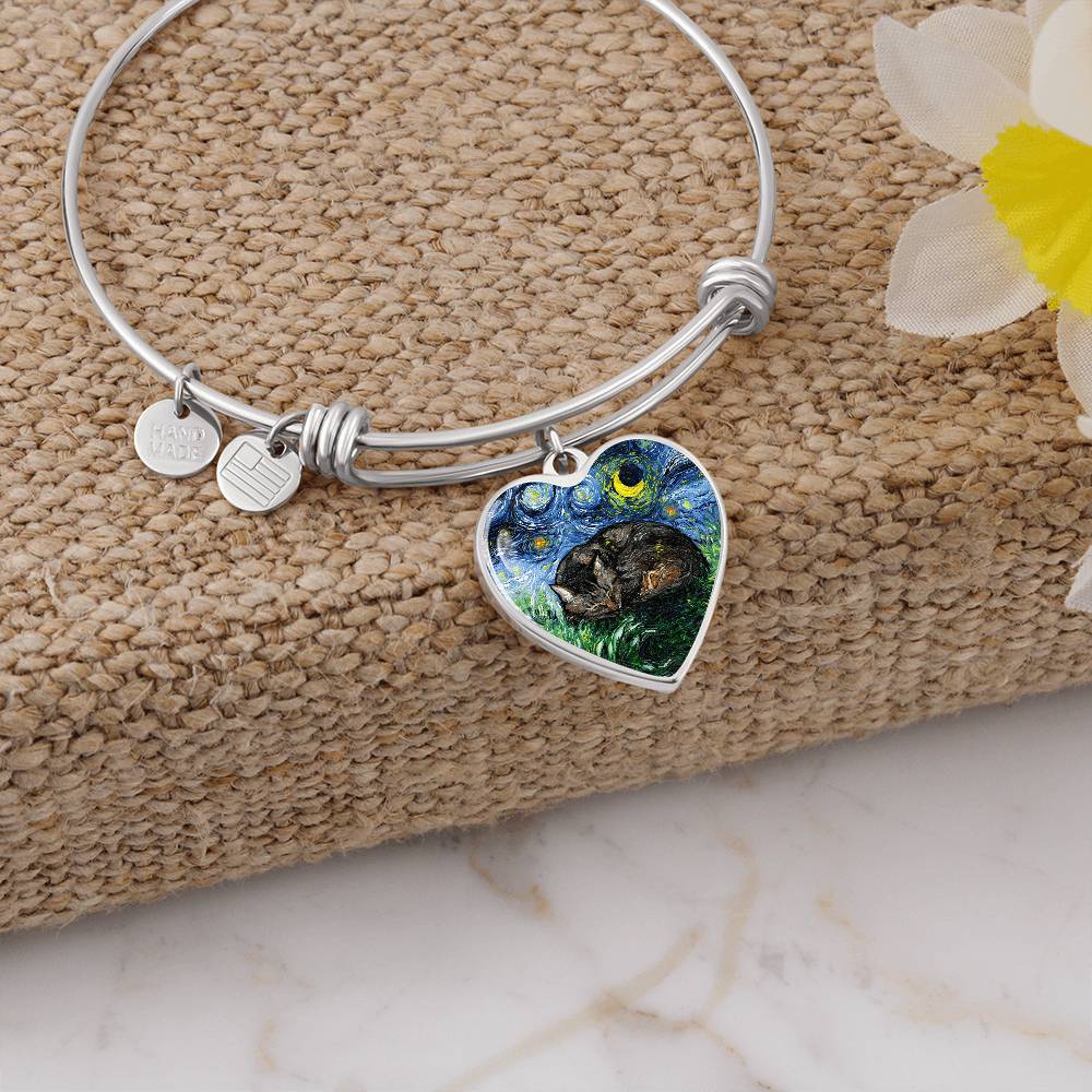 Sleeping Brown Tabby Cat Starry Night Heart Bangle Bracelet