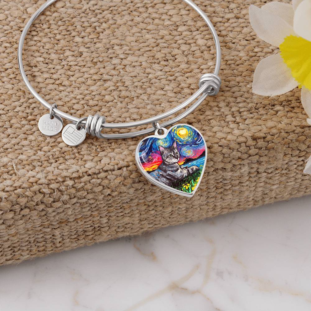 Laying Tabby Starry Night Heart Bangle