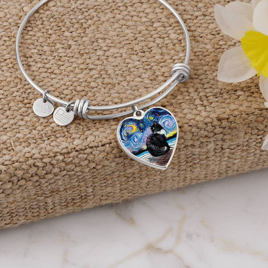 Tuxedo Cat with Green Eyes Starry Night Heart Bangle