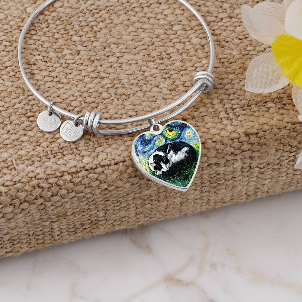 Sleeping Tuxedo Cat Starry Night Heart Bangle