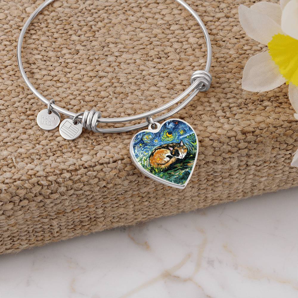 Sleeping Calico Cat Starry Night Heart Bangle Bracelet