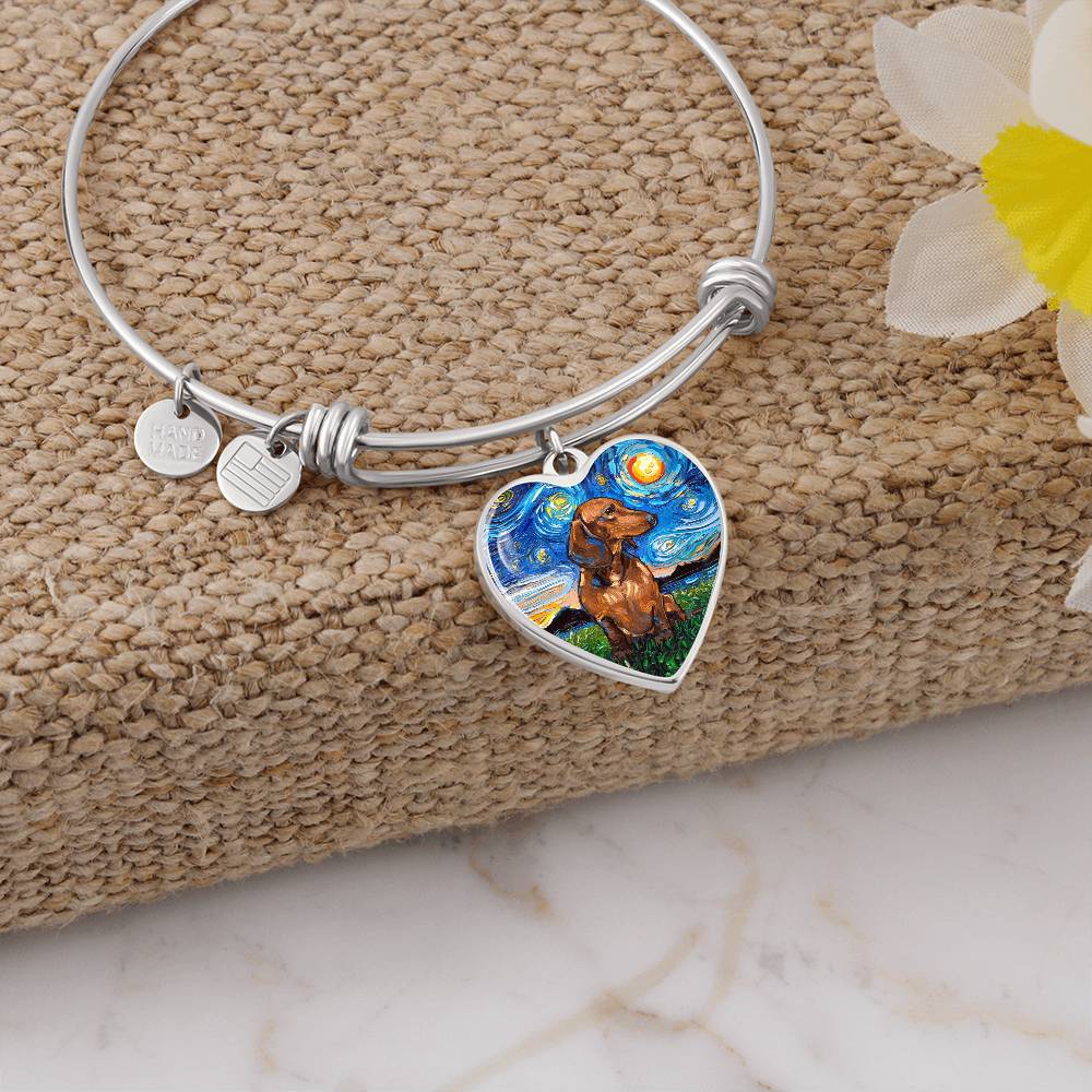 Brown Dachshund Starry Night Heart Bangle Bracelet