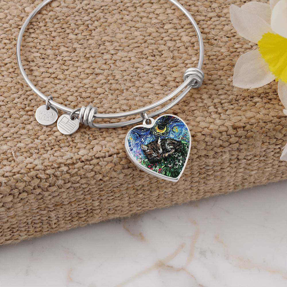 Sleeping Tabby Kitten Starry Night Heart Bangle