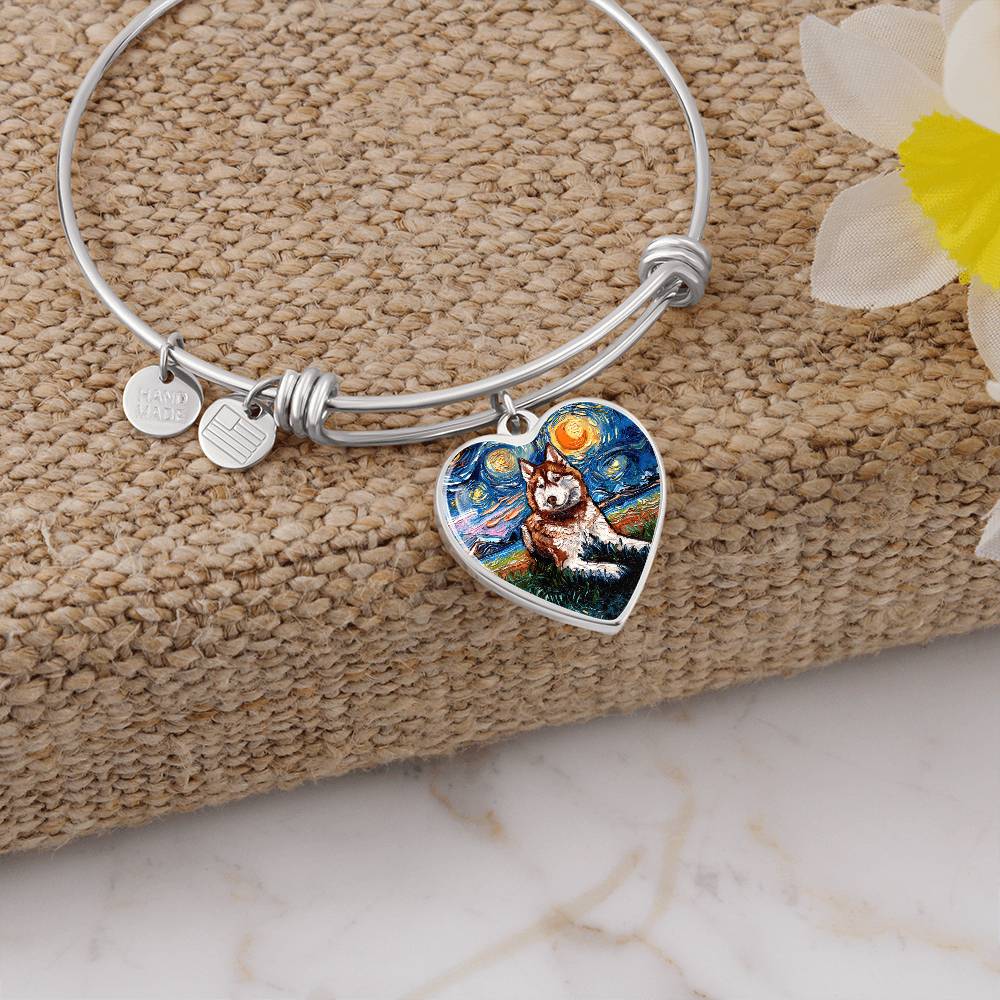 Red and White Husky Starry Night Heart Bangle Bracelet