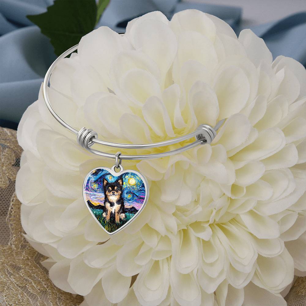 Black & Tan Long Hair Chihuahua Starry Night Heart Bangle