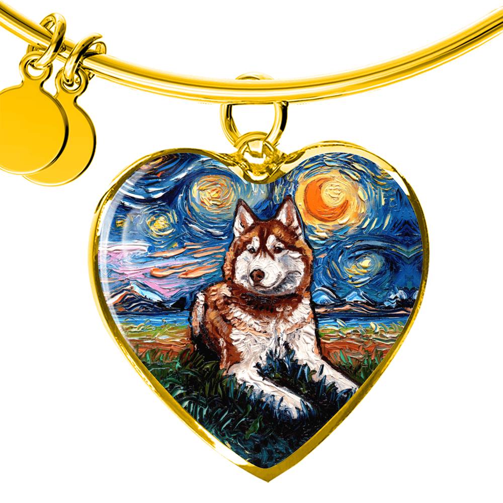 Red and White Husky Starry Night Heart Bangle Bracelet